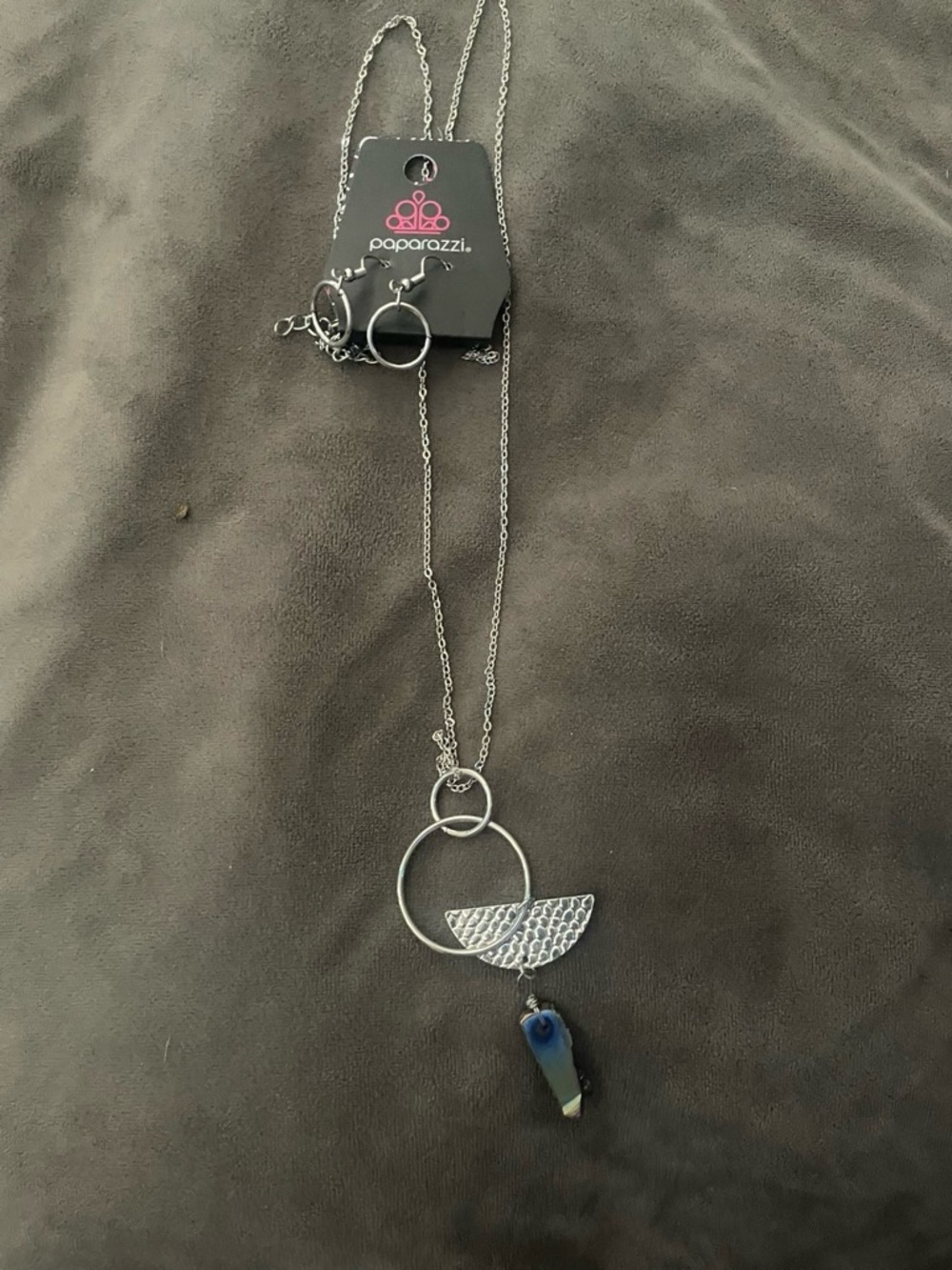 paparazzi Silver-Tone Textured Crescent Necklace with Blue Accent